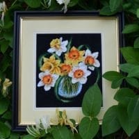 Daffodils in glass jar - sewn and framed