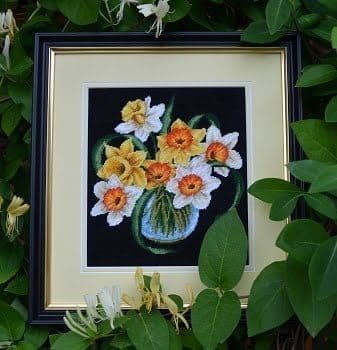 Daffodils in glass jar - sewn and framed