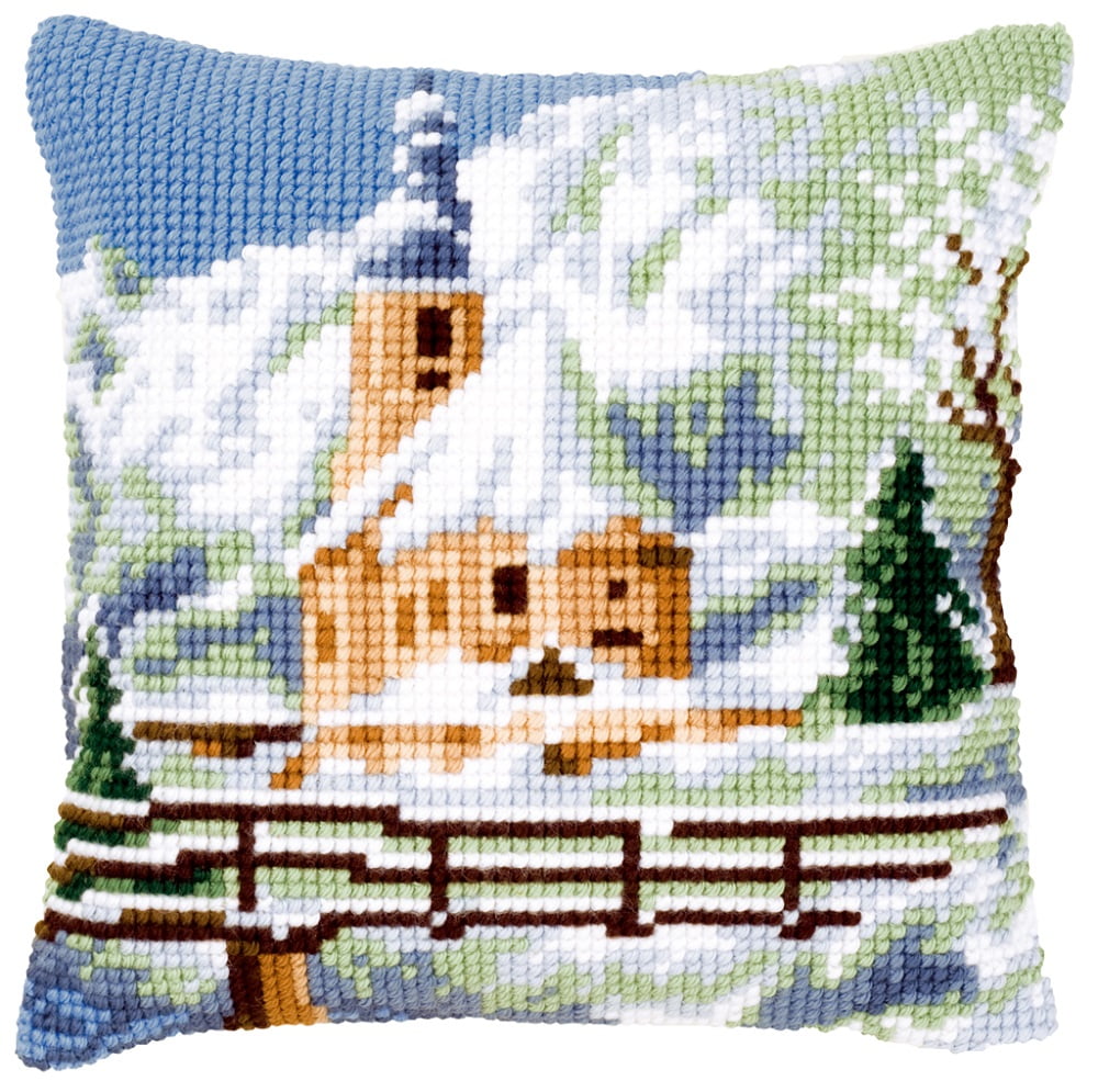 Biserica iarna -kit pentru pernuță în punct de cruce